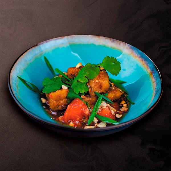 Salad with crispy eggplant and Baku tomatoes