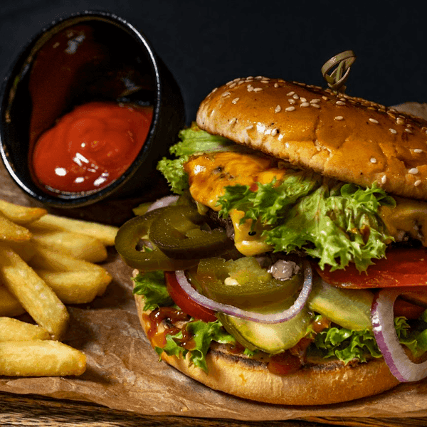 Burger with minced beef and French fries